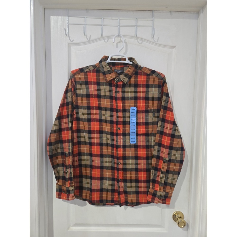 Mens Eddie Bauer large Orange Plaid NWT Flannel Shirt Cabin Cozy Fall Outdoor